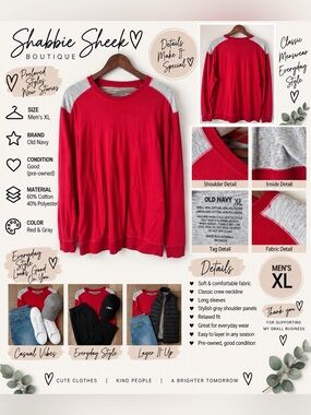 Old Navy Men’s XL Red & Gray Colorblock Long Sleeve Shirt
